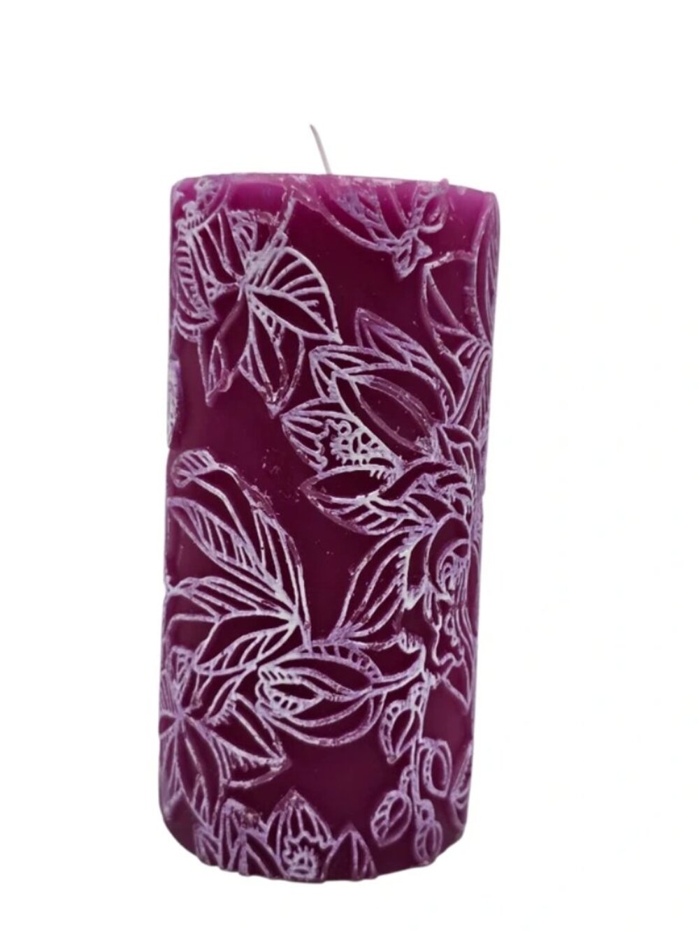 Ashland Magenta & White Unscented Pillar Floral Carved 6" x 3" Wax Candle NEW